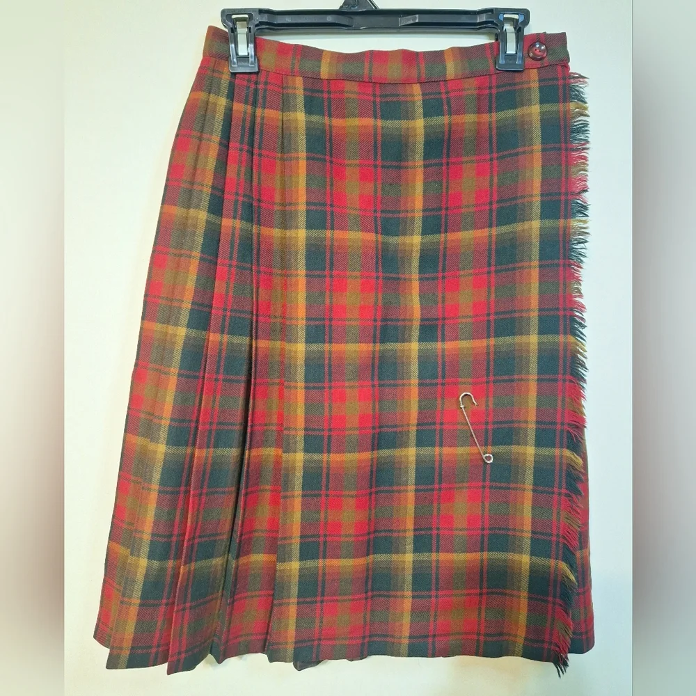 Vintage handmade wool red tartan plaid school girl skirt kilt small midi - Picture 1 of 6